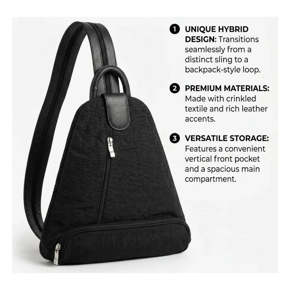Baggallini Black Crinkle Textile Hybrid Sling Backpack Convertible Bag